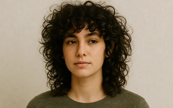a woman with wolf cut curly hair