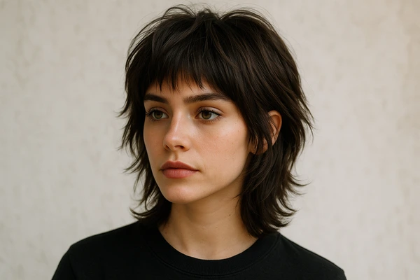a woman with wolf cut short hair