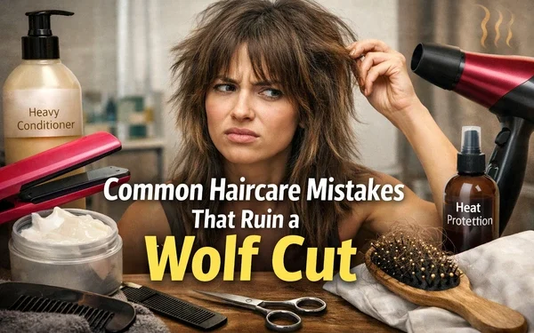 A woman with a messy wolf cut hairstyle surrounded by hair products and styling tools, showing common haircare mistakes that ruin layered wolf cut hair.