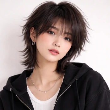 Tomboy wolf cut hair short aesthetic featuring choppy layers and an androgynous, edgy hairstyle finish