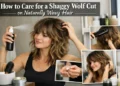 A woman with naturally wavy hair styles a shaggy wolf cut in a bright bathroom, applying hair mist and scrunching textured layers to show proper care and maintenance for a wavy wolf haircut