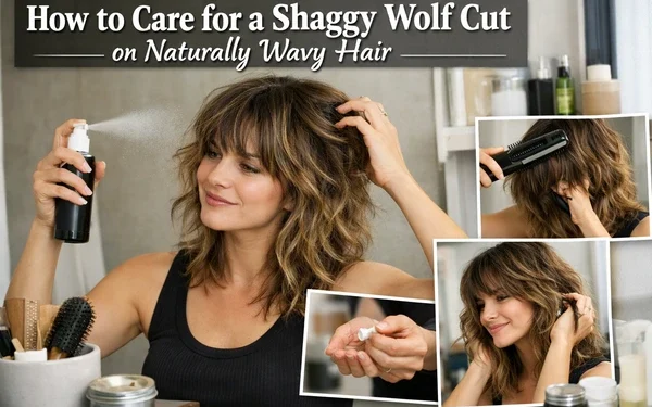 A woman with naturally wavy hair styles a shaggy wolf cut in a bright bathroom, applying hair mist and scrunching textured layers to show proper care and maintenance for a wavy wolf haircut
